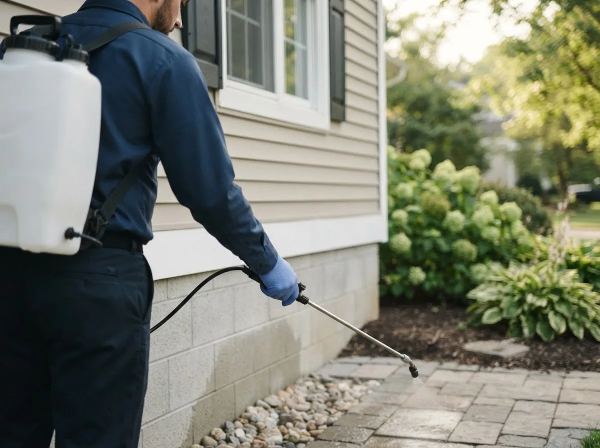 Pest control technician inspecting a home in Fairgrove, MI